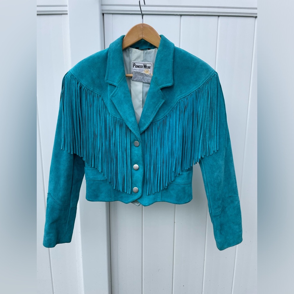 VINTAGE Genuine Leather Turquoise Cropped Fringe Jacket